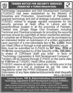TENDER NOTICE FOR SECURITY SERVICES (TENDER REF # TUSDEC/HR&A&S/04/2026) - Technology Upgradation and Skill Development Company (TUSDEC)